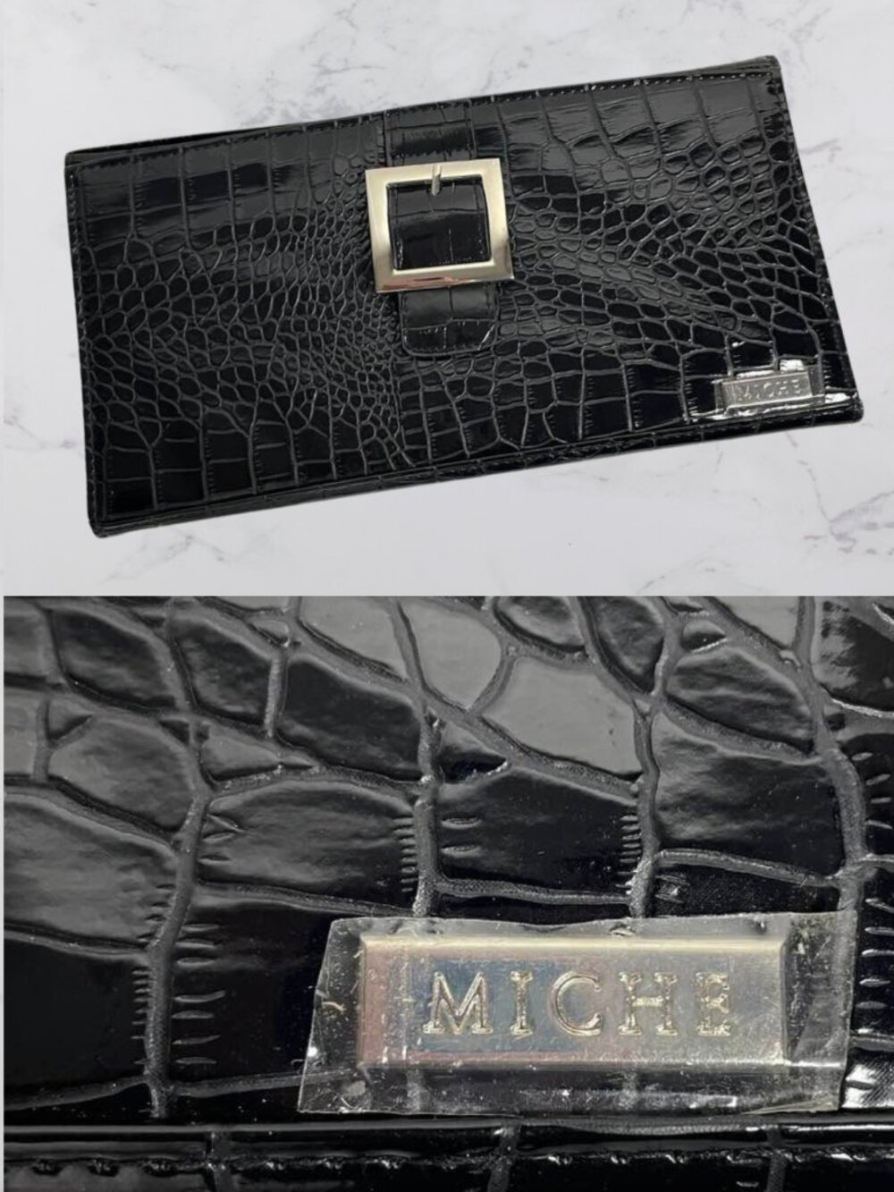 Miche Black Croc Embossed Faux Leather Classic Purse Shell Silver Buckle Cover